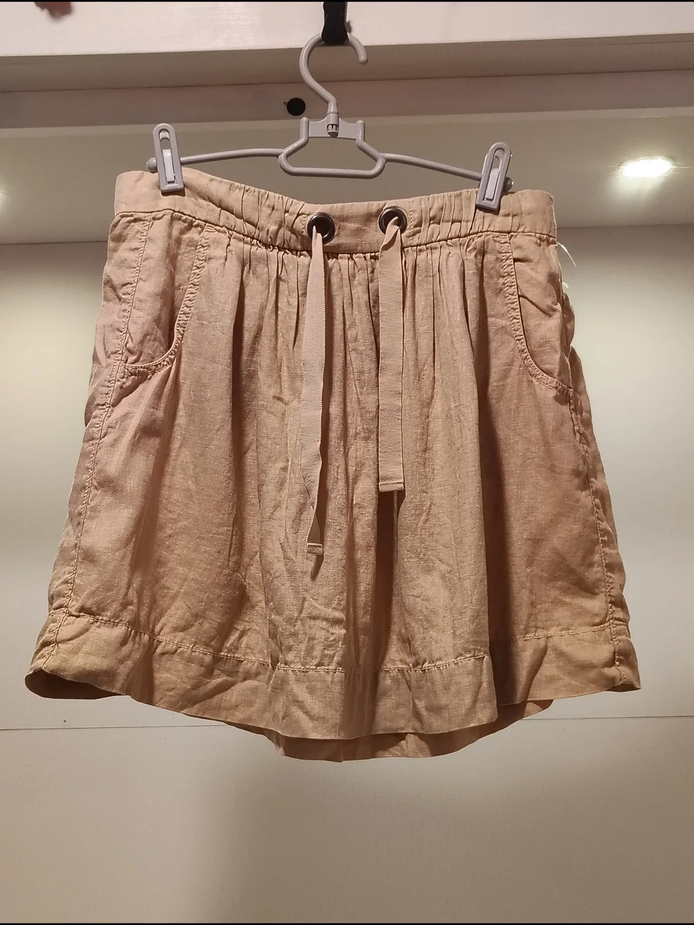 100% Linen Tan Drawstring Elastic Waist Mini Skirt